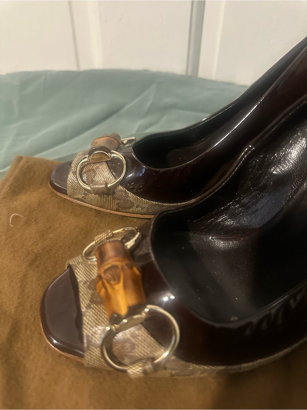 Gucci Brown and Tan Peep-Toe Heels with Bamboo Accent - Picture 4 of 8